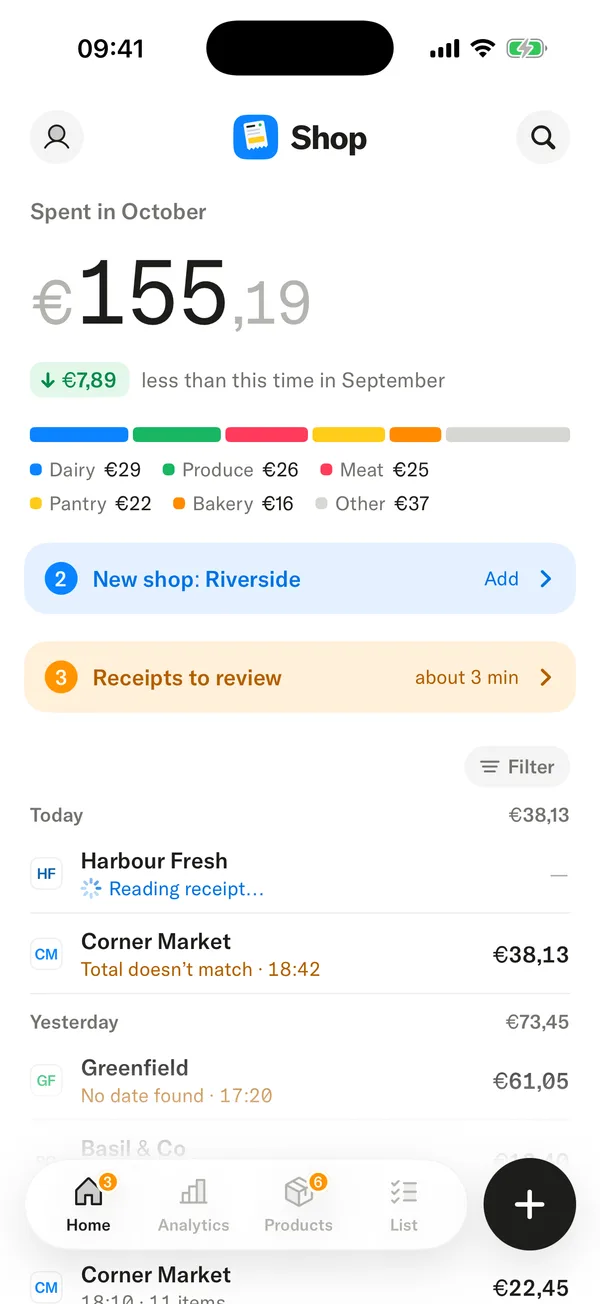 Shop: the home screen with checked lines
